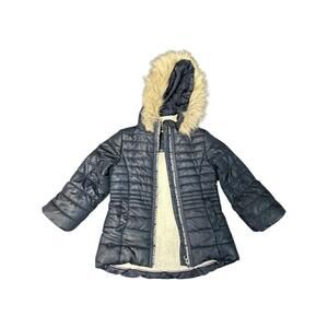 Tommy Hilfiger Girls Navy Blue Puffer Jacket Sherpa Lined Faux Fur Hood Size 3T